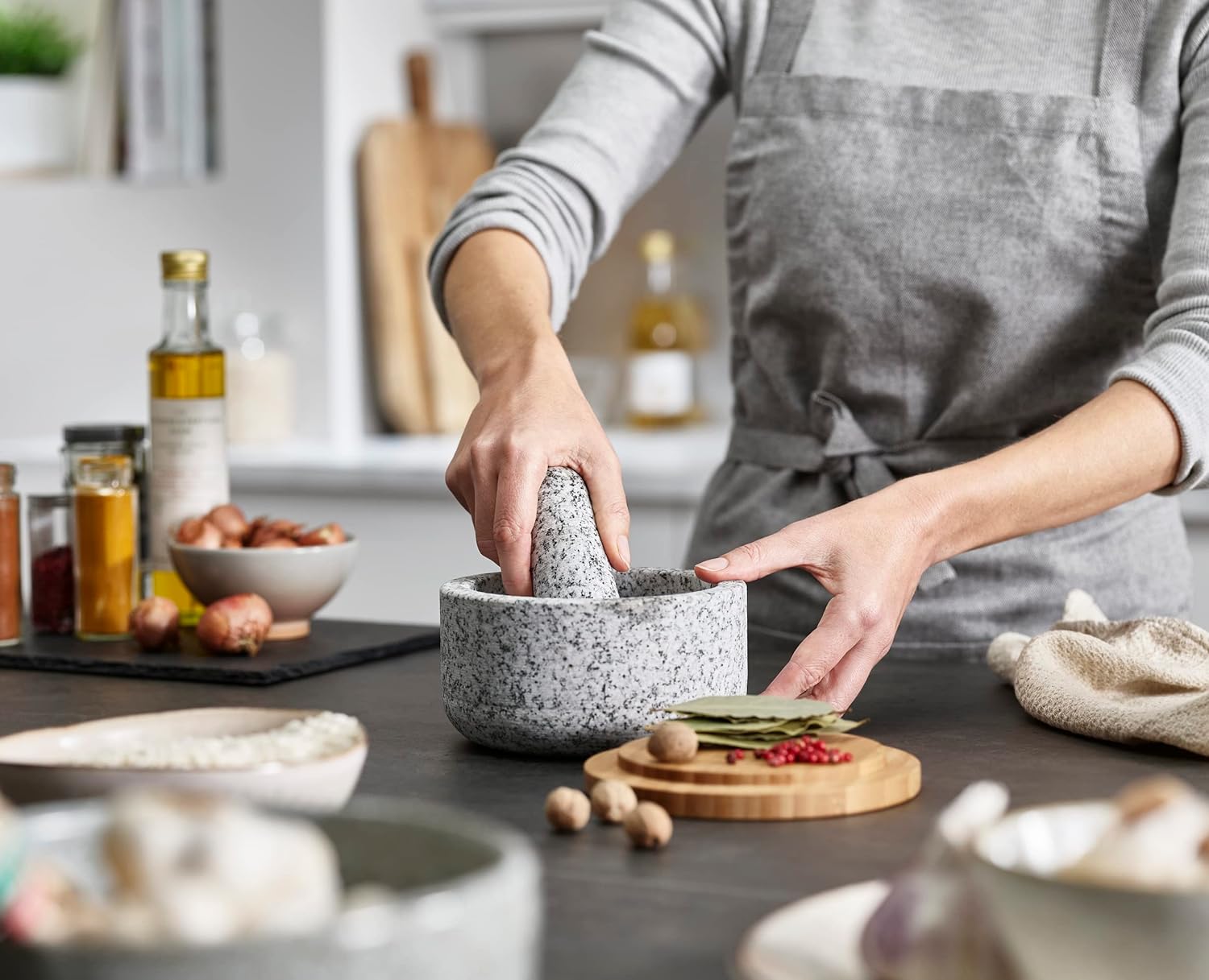 대나무 덮개가 있는 화강암 절구, 돌로 만든 절구, 진 - Mortar Pestle Granite 리뷰 및 가격