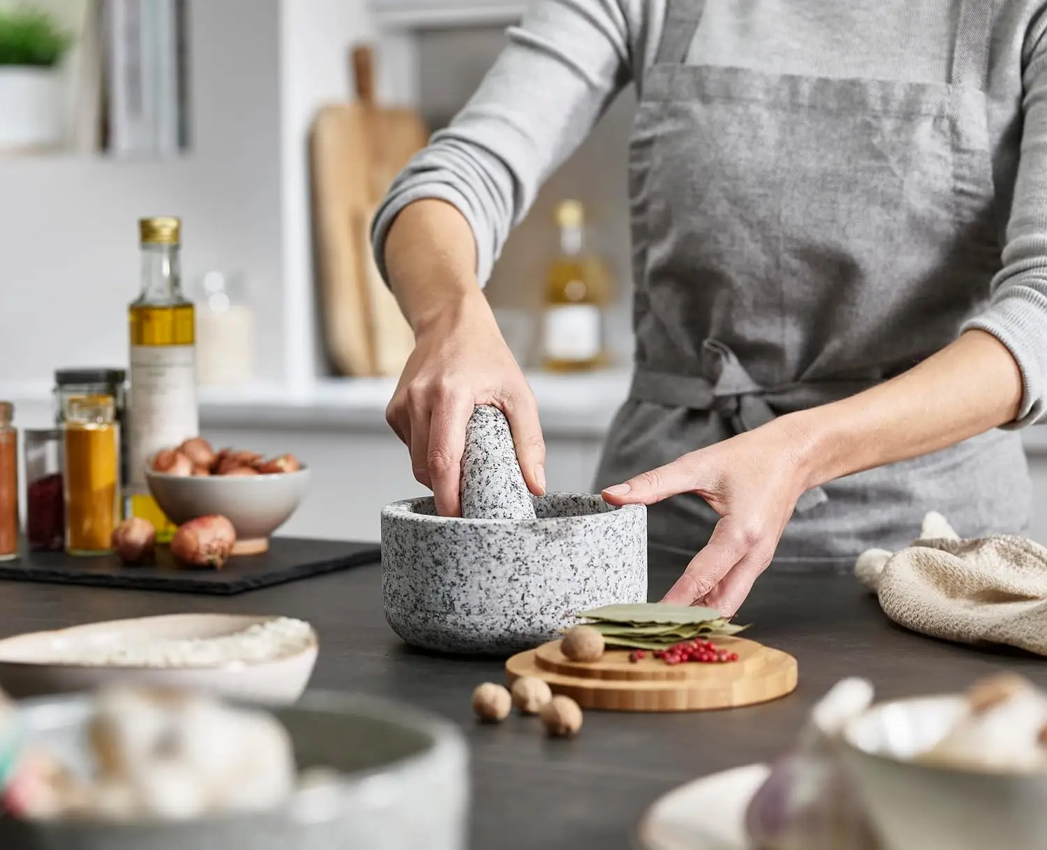 대나무 덮개가 있는 화강암 절구, 돌로 만든 절구, 진 - Mortar Pestle Granite 리뷰 및 가격